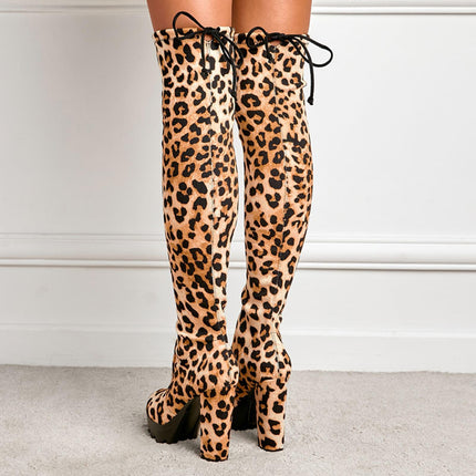 12CM/4.72IN Suede Fashion Sexy Nightclub Thick Heel High Heel Over The Knee Leopard Print Boots for Women,Brown,39 EU