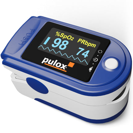 Pulse oximeter PULOX PO-200 Solo in blue Finger pulse oximeter for measuring pulse and oxygen saturation on the finger