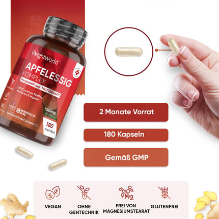 Apple Cider Vinegar Capsules - 1860mg Apple Cider Vinegar Complex of Mother Juice &amp; Lactobacillus Gasseri, Turmeric, Ginger &amp; Cayenne Pepper - 180 Capsules for 2 Months - Apple Cider Vinegar - WeightWorld