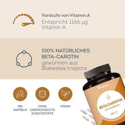 Beta Carotene Capsules High Dose &amp; Vegan – Precursor to Vitamin A – Radiant &amp; Long-Lasting Tan – Carotene Capsules High Dose Tan – 100% Natural – No Additives – 180 Capsules – Vitavea