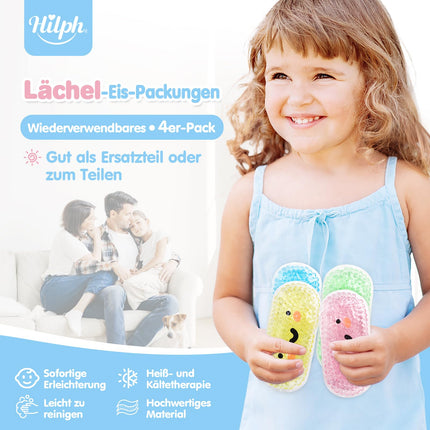 Hilph Children's Cooling Pads with Non-Toxic Gel, 13.5 x 6.3 cm Non-Toxic Small Ice Packs for Children with Fever, Bumps, Bruises, Toothache or Headache, Cold and Warm Compress - 4 Pack