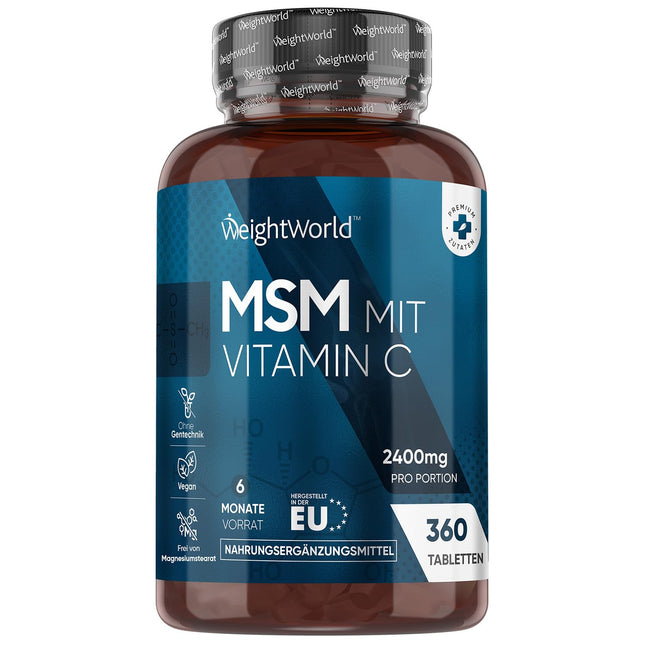 MSM 2400mg with 100mg Vitamin C - 360 vegan tablets for a 6-month supply - Methylsulfonylmethane &amp; Vit C - Alternative to capsules &amp; powder - Gluten-free &amp; free from magnesium stearate - WeightWorld