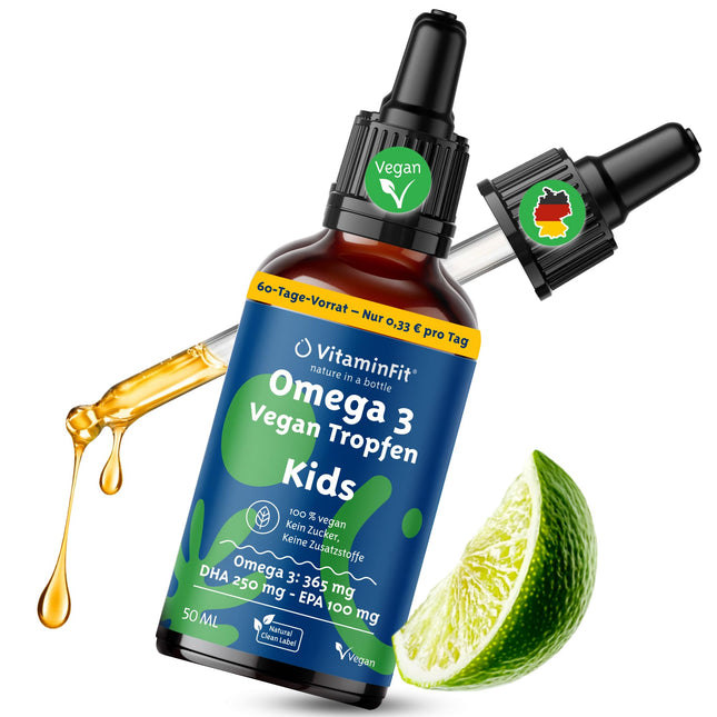 VitaminFit Kids Omega-3 Drops Food Supplement for Children - Liquid - DHA - EPA - ALA - Fish-Free - 100% Plant-Based - Vegan - 50 ml