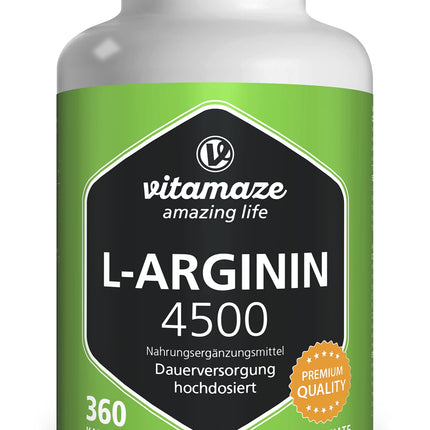 L-Arginine capsules high-dose, 4500 mg per daily dose, 360 capsules of pure L-Arginine HCL from plant fermentation, dietary supplement without unnecessary additives, Made in Germany