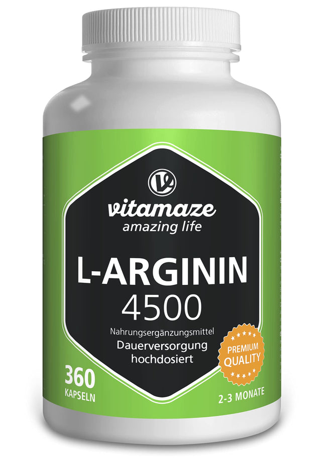 L-Arginine capsules high-dose, 4500 mg per daily dose, 360 capsules of pure L-Arginine HCL from plant fermentation, dietary supplement without unnecessary additives, Made in Germany