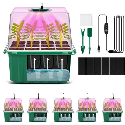 YAUNGEL Indoor Greenhouse Grow Box with Plant Lamp, 6 Pieces Self-Watering Mini Greenhouse Grow Set with Timing Controller Adjustable Brightness, Thicken Raised Lid and Ventilation