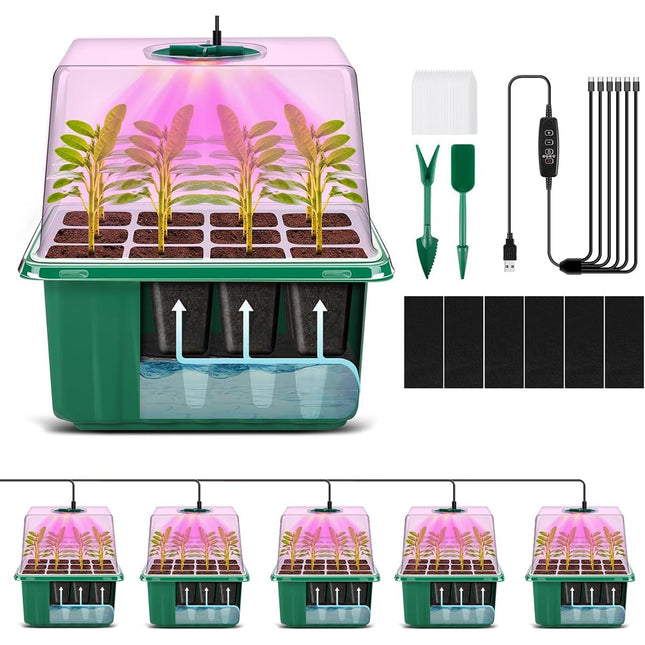 YAUNGEL Indoor Greenhouse Grow Box with Plant Lamp, 6 Pieces Self-Watering Mini Greenhouse Grow Set with Timing Controller Adjustable Brightness, Thicken Raised Lid and Ventilation