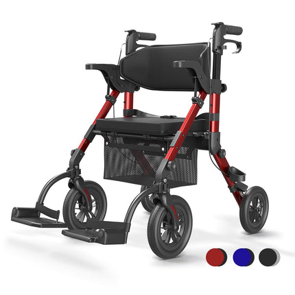 VOCIC 2 in 1 Wheelchair Rollator Foldable and Lightweight with Seat, Outdoor Rubber Tires for All Terrain, Lightweight Rollators with Mesh Bag, Aluminum Walking Aid Transport Chair, Red (5 Year Warranty)