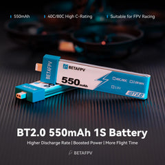 BETAFPV 4pcs BT2.0 550mAh 1S Battery 3.8V 40C/80C Lipo Battery with BT2.0 Connector Compatible for 75-85mm 1S FPV Racing Whoop Drone Quadcopters Like Meteor75 Pro FPV Drone
