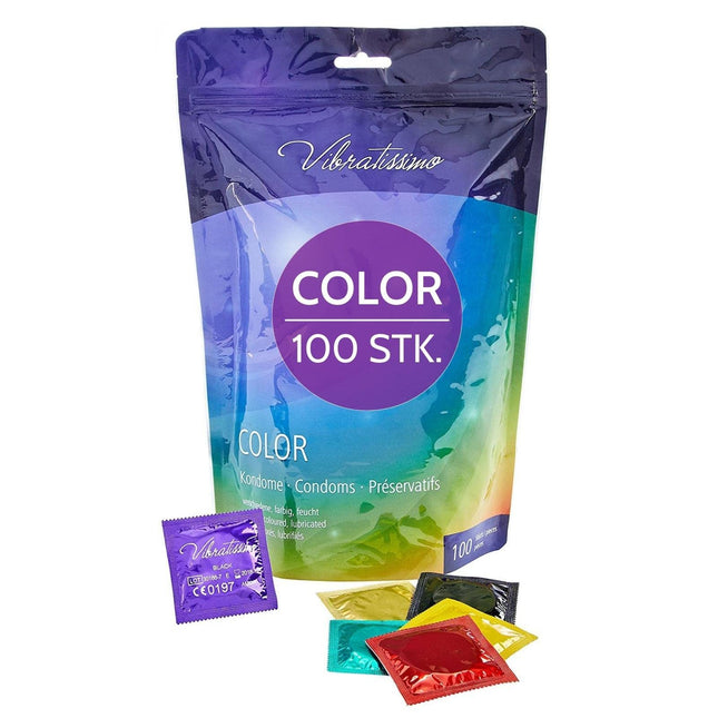 VIBRATISSIMO Color Condoms 100-Pack I Realistic &amp; Extra Moist I Condoms for Men I Colorful Contraception for Men I Pack in Red, Black, Green, Yellow, Gold