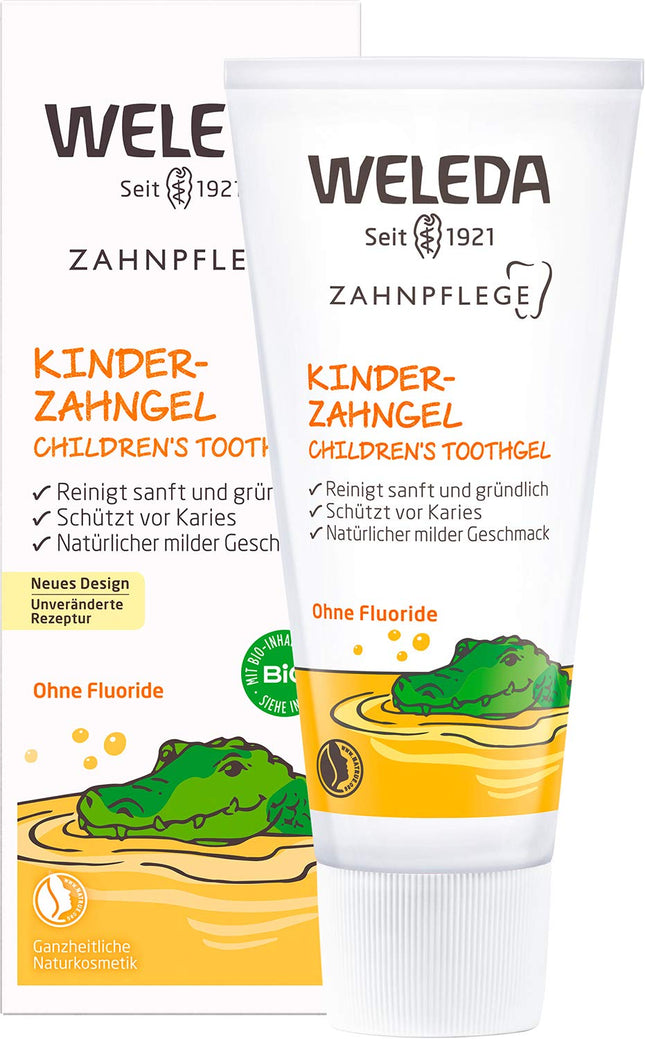 WELEDA Organic Children's Toothpaste – vegan, natural cosmetic toothpaste without fluoride for the care of baby teeth and gums of toddlers and babies. Fluoride-free toothpaste to protect against cavities (1 x 50 ml)