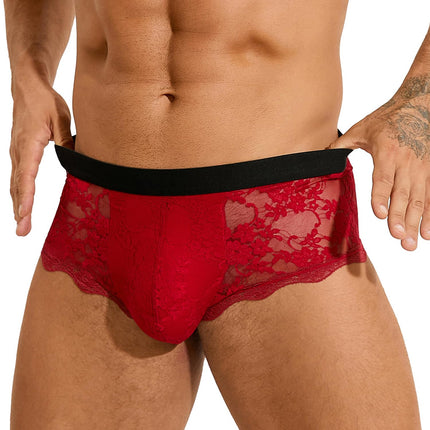 ohyeahlady Sissy Lingerie Men's Sexy Boxer Shorts Lace Erotic Underwear Men's Lingerie Large Size Underpants Open Briefs Mesh Underwear with Bulge Transparent Briefs Clubwear Red L