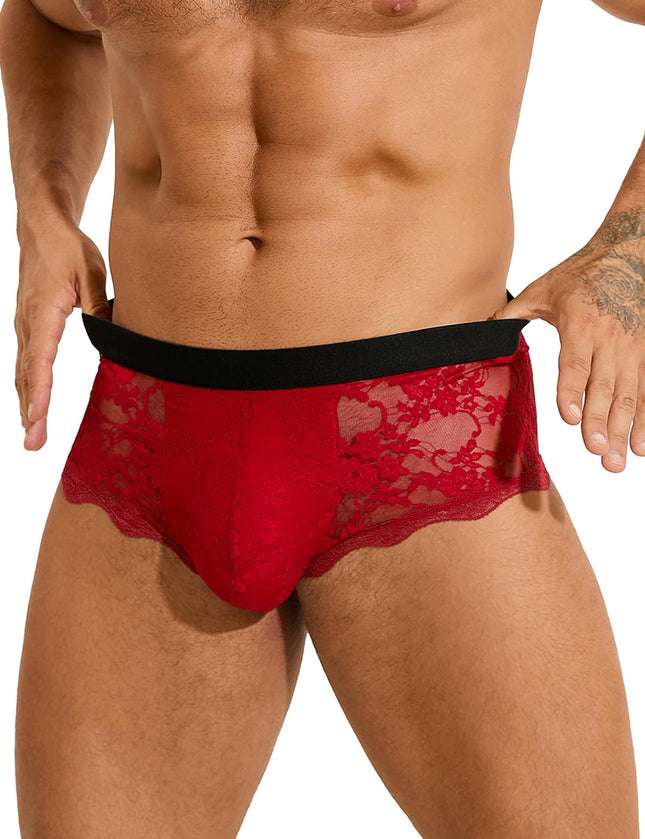 ohyeahlady Sissy Lingerie Men's Sexy Boxer Shorts Lace Erotic Underwear Men's Lingerie Large Size Underpants Open Briefs Mesh Underwear with Bulge Transparent Briefs Clubwear Red L