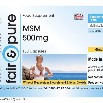 Fair &amp; Pure® - MSM 500mg Capsules - 180 Capsules - Methylsulfonylmethane - vegan - without magnesium stearate