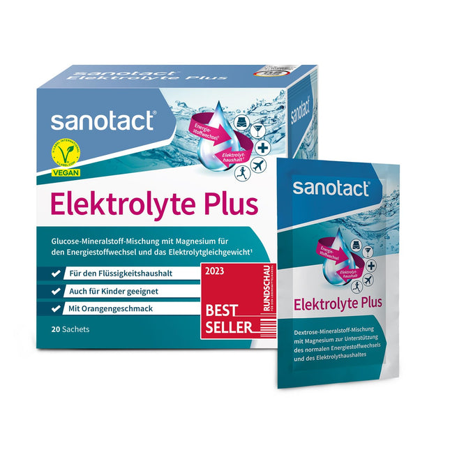 sanotact Electrolytes Plus (20 sachets) • Electrolyte powder for fluid balance • Potassium &amp; magnesium for electrolyte balance • 100% vegan • Recovery drink • Orange flavor