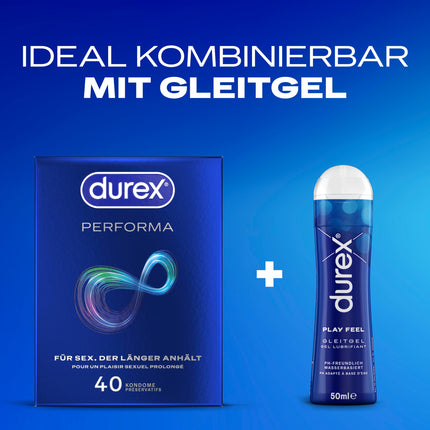 Durex Performa Condoms – Sex-extending condoms with 5% benzocaine gel and an easy-on shape – 40 condoms (1 pack)