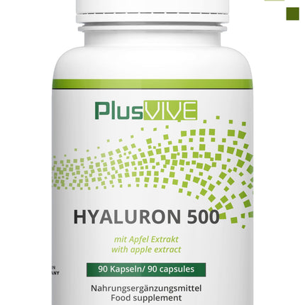 PlusVive Hyaluronic Acid Capsules High Dosage I 1 x 90 Capsules with Apple Extract I 500mg Hyaluronic Acid with 500-700 kD per Capsule I Hyaluronic Capsules I Dietary Supplement Vegan &amp; Laboratory Tested