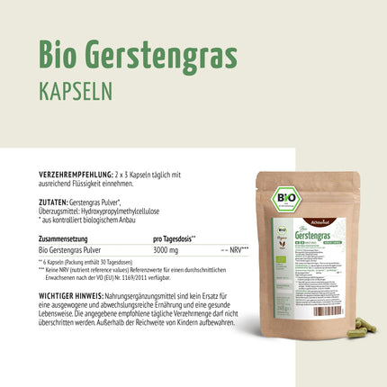 Barley Grass Capsules Organic Refill Pack 400 Capsules | 3000 mg per daily dose | Finely ground barley grass in capsule format | From controlled organic cultivation | No additives | From Achterhof