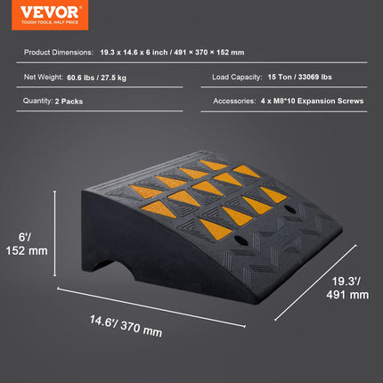 VEVOR Rubber Curb Ramps, 6" High, Heavy Duty, 15 Ton Threshold Ramps with Sturdy Grid Structure for Cars, Wheelchairs, 2 Pack