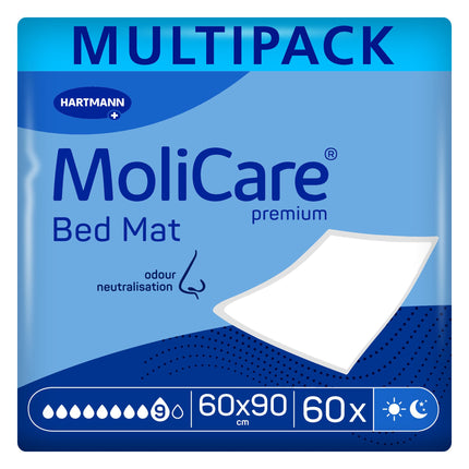 Molicare Premium Bed Mat 9 Drops: Bed protection pad with absorbent core made of cellulose flakes, 60x90cm, 2x30 pieces