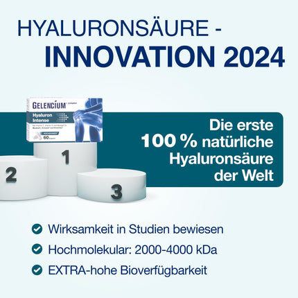 GELENCIUM® Hyaluron Intense | High daily hyaluronic acid dose: 500 mg | High molecular weight: 2000-4000 kDa | High bioavailability | With micronutrients for healthy joints | Vegan | Pharmacy quality | 60 capsules