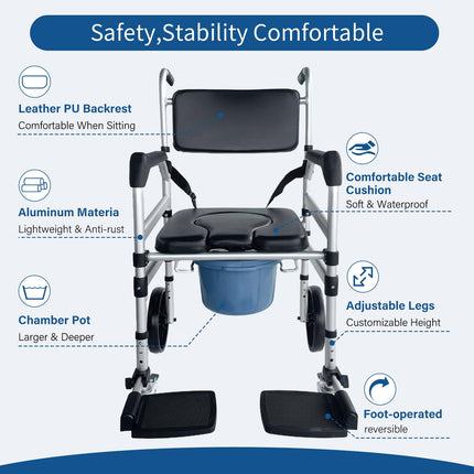 Eosprim height-adjustable toilet wheelchair, toilet chair for seniors with wheels, commode chair for seniors, shower chair with wheels for the disabled, mobile toilet chair with arms
