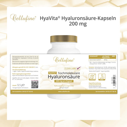 Cellufine® HyaVita Hyaluronic Acid 150 Capsules – high-dose, high-molecular, gluten-free, vegan – 150 gluten-free capsules with HyaVita Hyaluronic Acid | natural &amp; without preservatives