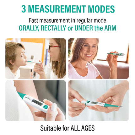 Evolu Waterproof Flexible Digital Thermometer Measurement in the mouth, rectum or armpit with flexible measuring tip in 10 seconds - Babies, children, adults - high precision - with storage box