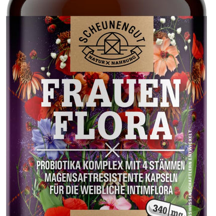 FRAUENFLORA® Intimate Flora Complex 200 billion CFU/g - IMPORTANT: Laboratory-tested 4 bacterial strains: Lactobacillus reuteri, rhamnosus, crispatus, acidophilus - Enteric-coated - SCHEUNENGUT®