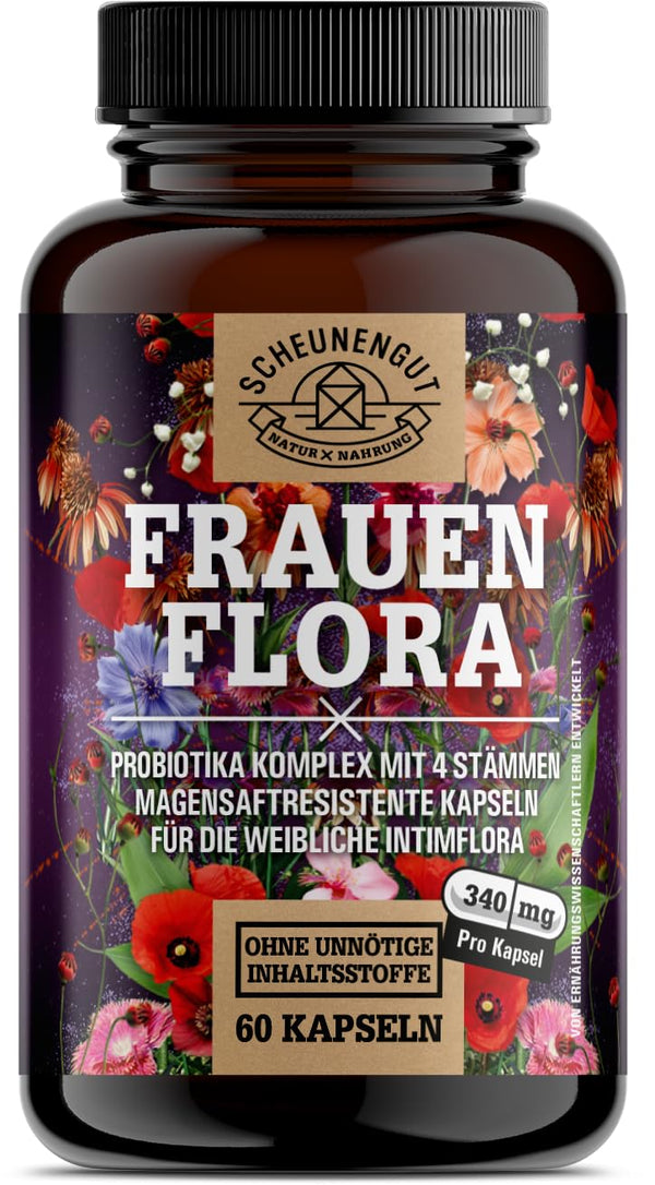 FRAUENFLORA® Intimate Flora Complex 200 billion CFU/g - IMPORTANT: Laboratory-tested 4 bacterial strains: Lactobacillus reuteri, rhamnosus, crispatus, acidophilus - Enteric-coated - SCHEUNENGUT®