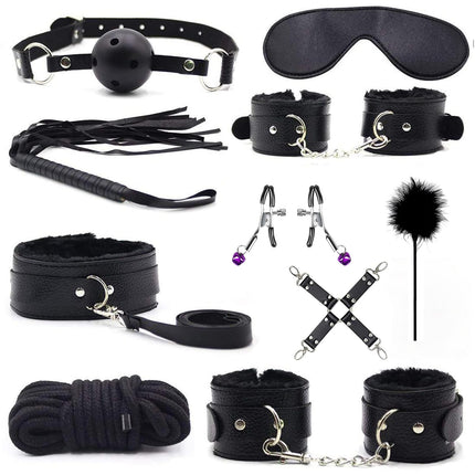 BDSM set with 10 pieces, SM bed sets, bondage set feather whip and eye mask, restraints handcuffs ankle cuffs feathers nipple clamps fetish sex toy bondage set for attachment to the bed for couples