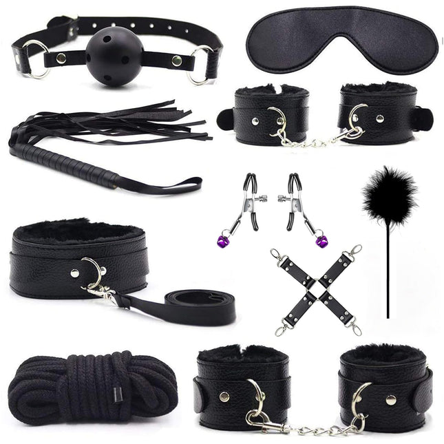 BDSM set with 10 pieces, SM bed sets, bondage set feather whip and eye mask, restraints handcuffs ankle cuffs feathers nipple clamps fetish sex toy bondage set for attachment to the bed for couples