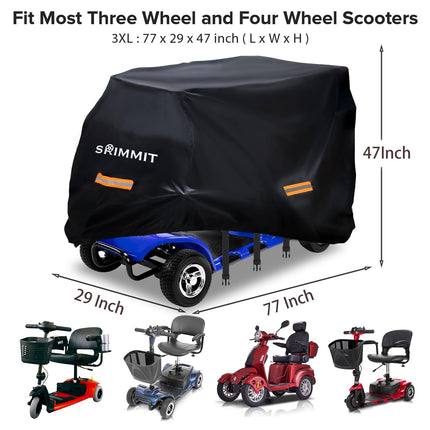 Electromobile tarpaulin, heavy duty 420D Oxford fabric mobility scooter cover, waterproof, anti-UV, durable with waterproof strip, reflective strips, 3 buckles 3XL (195 x 73 x 119 cm)