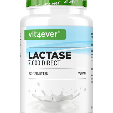 Lactase 7,000-365 Tablets with immediate effect - High dosage with 7,000 FCC units - For lactose intolerance and milk intolerance - No unwanted additives - Laboratory-tested - Vegan