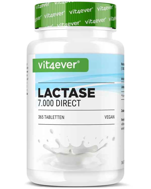 Lactase 7,000-365 Tablets with immediate effect - High dosage with 7,000 FCC units - For lactose intolerance and milk intolerance - No unwanted additives - Laboratory-tested - Vegan