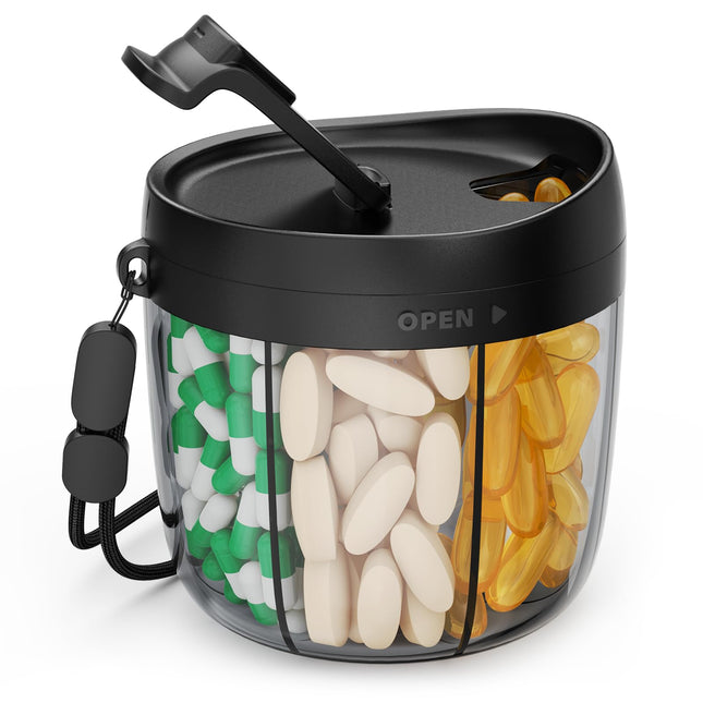 AUVON 7-day pill box, round medication box with 7 large compartments and a wide opening for easy use, portable pill box for on the go, vitamins, fish oil, medications, dietary supplements