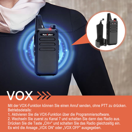 MaxTalker MT1 Walkie Talkie Rechargeable for Adults and Children, VOX Walkie Talkie with 1200mAh Li-ion Battery, USB Charger and Headset Walkie Talkies for Outdoors, Camping, Hiking, Set of 4