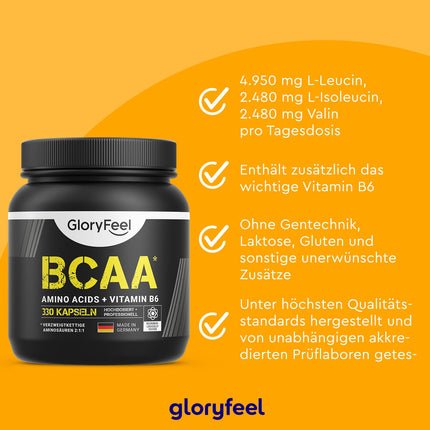 BCAA 330 Capsules - Essential Amino Acids Leucine, Valine and Isoleucine Plus Vitamin B6 - Laboratory tested and manufactured in Germany without additives