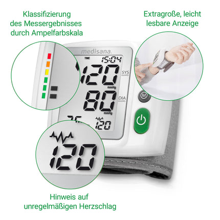 Medisana BW 315 wrist blood pressure monitor, precise blood pressure and pulse measurement, high blood pressure monitor with traffic light scale, blood pressure cuff with arrhythmia detection, memory function