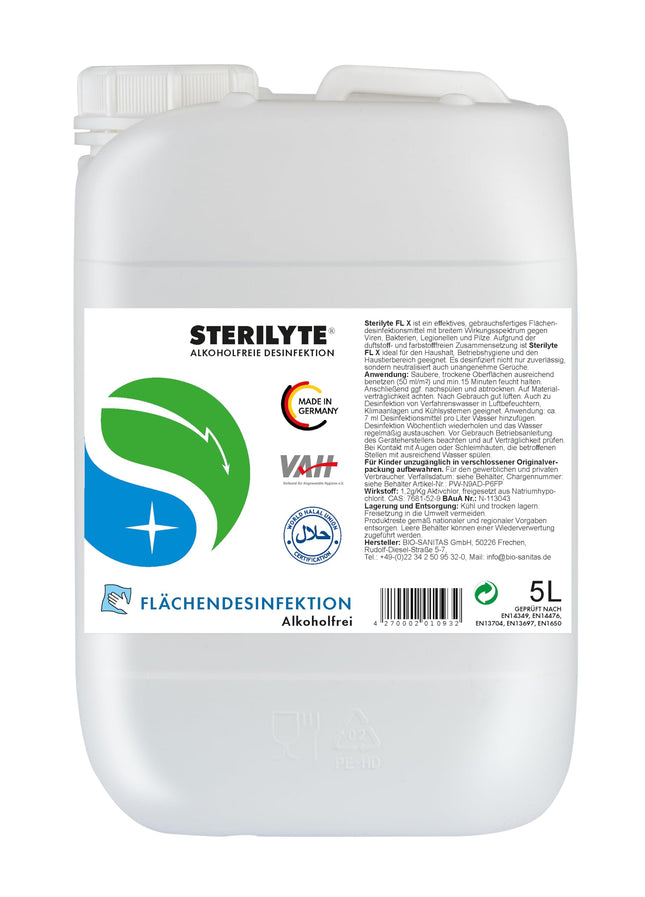 STERILYTE Surface Disinfectant 5L – Sustainable, alcohol-free, highly effective against viruses, bacteria &amp; fungi, versatile disinfectant for surfaces (Halal &amp; Kosher) – MADE IN GERMANY