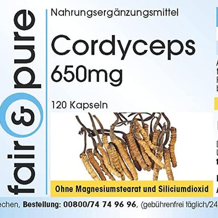 Fair &amp; Pure® - Cordyceps 650mg - 120 Capsules - Cordyceps Sinensis - without magnesium stearate - vegan