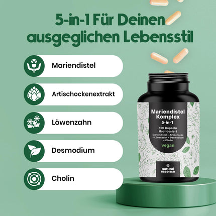 Milk Thistle Artichoke Dandelion Complex High Dose - 150 Capsules - 5-in-1 Liver Cure Complex with Milk Thistle + Artichoke + Dandelion + Desmodium + Choline - Vegan Laboratory Tested