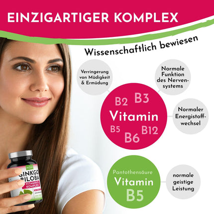 Ginkgo Biloba 6000mg per tablet, 365 tablets - Best value for money + B-vitamin power complex, no additives, laboratory-tested, made in Austria, Vitamin B12 contributes to the reduction of fatigue