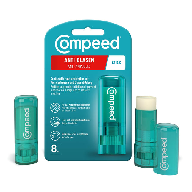 Compeed Anti-Blister Stick - Invisibly protects against blisters and chafing - Instantly reduces friction on the skin, 1 stick (8 ml)