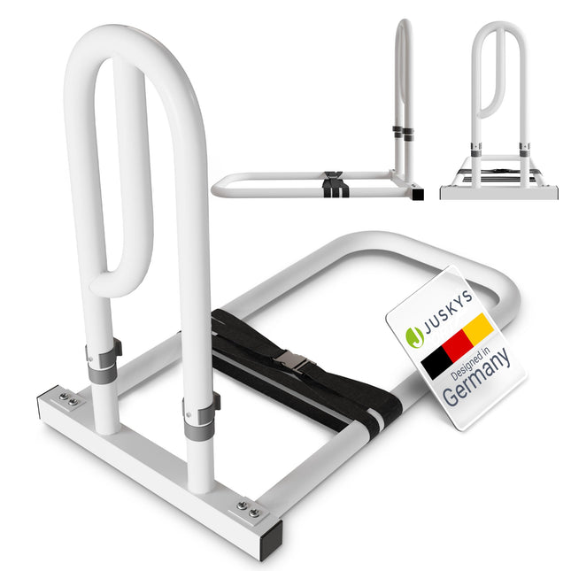 Juskys Bed Riser - Grab Bars for Seniors - Height-Adjustable Aid - Steel Riser - 2 Straps - for Beds with Slatted Frames - White
