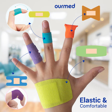 Ourmed Universal Plaster Wound Plasters - Flexible fabric bandages and non-stick bandages, latex-free, for cuts, scrapes, blisters, various sizes, bright colors, 100 strips