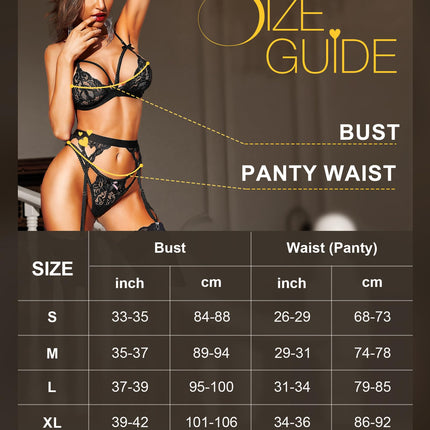 RSLOVE Women's Lingerie Set with Garter Belt - 3-Piece Lace Teddy Babydoll Bodysuit Black Medium