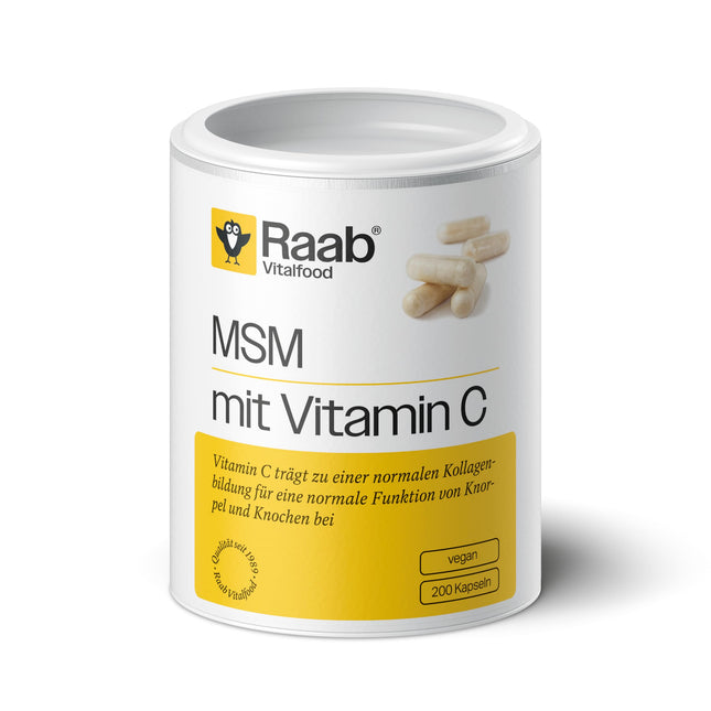 Raab Vitalfood MSM capsules, methylsulfonylmethane, vitamin C, 200 capsules, highly pure, vegan