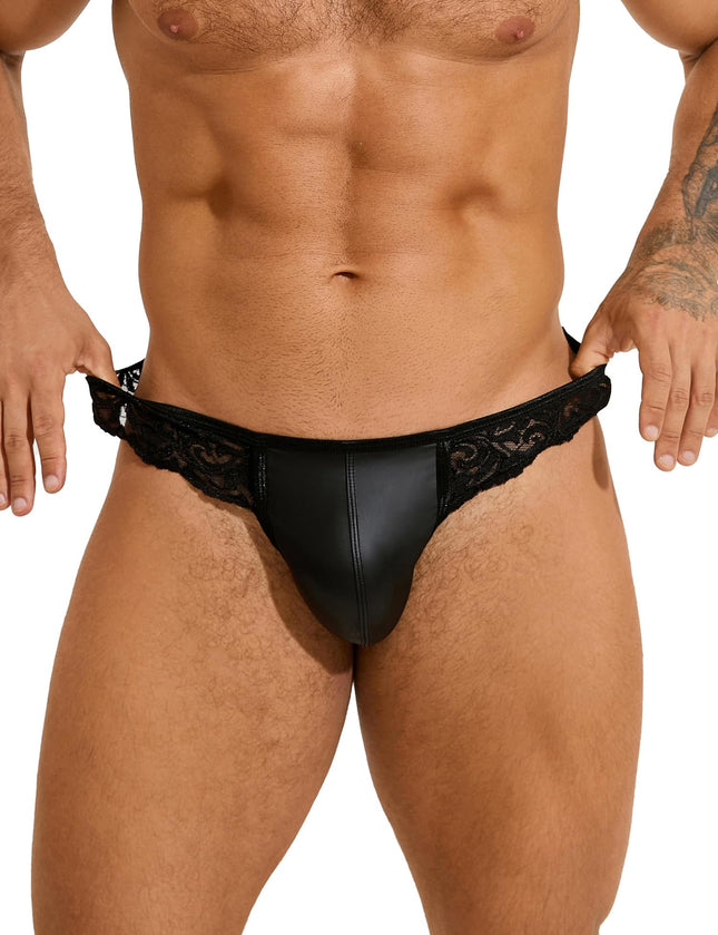 String Thong Men's Sexy Lingerie Faux Leather Underwear Men Erotic Wetlook Lace Panties Briefs Thong Open Crotch Transparent Underpants T-Back Sissy Lingerie Gay Large Sizes Black M