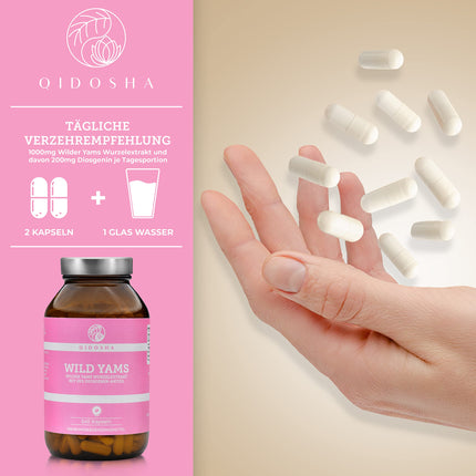 QIDOSHA® Wild Yam Root Extract, 240 pcs/jar, 1000mg Wild Yam Root Extract with 200mg Diosgenin per daily serving, Mexican Wild Yam Capsules with high dosage, vegan, made in Germany